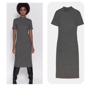NEW ZARA Ribbed Stretchy Grey Dress Midi High Collar Turtleneck Basic